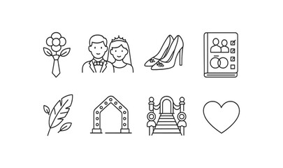 Wedding and celebration outline icon set. romantic, marriage outline icons collection