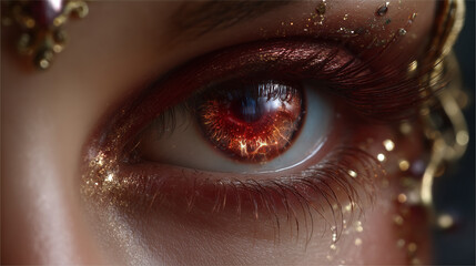 Close up woman red eye and gold light effect is around , warm tone.