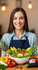 Healthy Eating Lifestyle Woman Holding Fresh Salad Bowl with Fruits and Vegetables