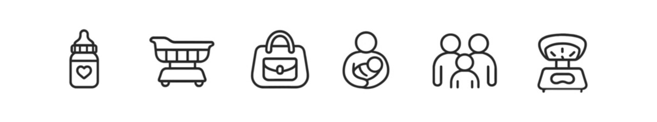 Parenting essentials icon set. baby, family, shopping, outline style collection