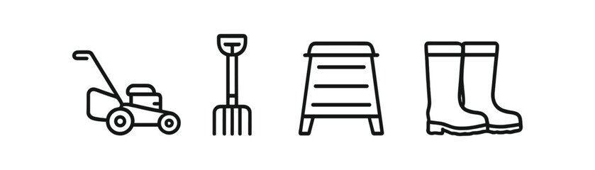 Gardening tools linear icon set. lawn mower, rake, boots outline collection