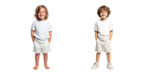 Set of happy child wearing white shorts and a short-sleeved t-shirt isolated on a transparent background