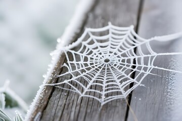 Frozen spiderweb covered in delicate frost on a wooden post