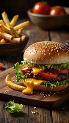 Ultrarealistic Food Photography of a Classic Hamburger with Crispy French Fries on a Wooden Cutting Board