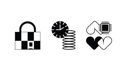 Conceptual Icons Representing Security Time Management and Technological Love Illustrating Modern Digital Themes