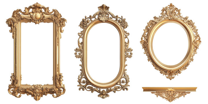 Ornate golden frames collection on transparent png background