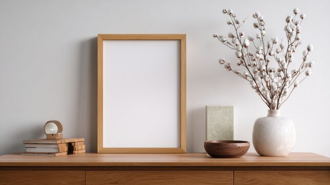 Stunning photo of blank wood A4 frame mockup interior background, looped motion, 3d rendering. Empty cycled vertical painting placard mock up. Clear desk border with canvas.