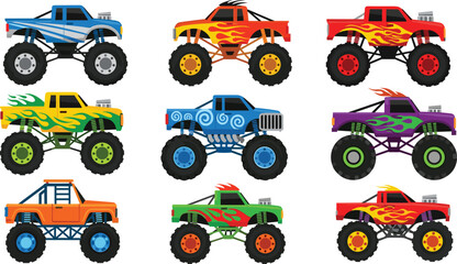 Colorful monster trucks, vector illustration, off-road vehicles, unique graphic design, high resolution image, automotive artwork, vibrant styles, stock content ready © DesignSoul