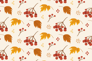 Maple Leaves and Berries Pattern. Repeating pattern with orange leaves and red berries on a soft background. Great for textiles, gift wrap, packaging or fall themed prints for clothing, baby clothes, 