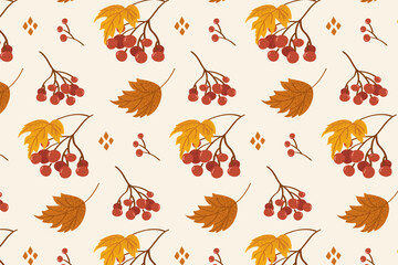 Seamless berries and maple leaf fall pattern. Hand-drawn red berries and orange maple leaves in a seamless layout. Ideal for clothing, notebooks, packaging, or seasonal decor fall fashion, kidswear