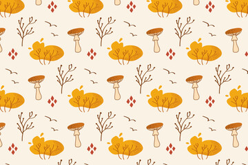 Pattern with mushrooms, bare trees and autumn flowers in soft orange and beige tones. Great for eco-friendly textiles, stationery or clothing with a cozy theme, organic packaging, notebook covers, slo