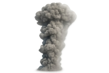 Smoke billowing dramatically skyward, forming dense gray column rising against stark white backdrop