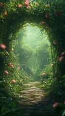 Walking Path Through Rose Covered Arches Into Mystical Forest