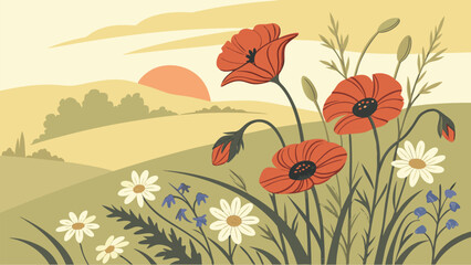 watercolor wildflower meadow at sunrise with poppies and daisies