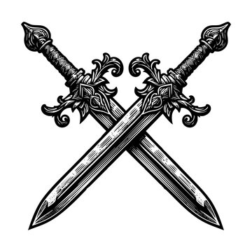 two swords crossed sketch engraving black and white outline. Scratch board imitation.
