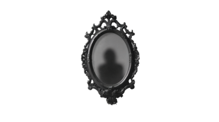 An antique mirror reflects a mysterious silhouette in a dramatic, shadowy scene