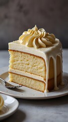 Elegant Slice of Vanilla Cake with Creamy White Frosting and a Decorative Drizzle, Perfect for Any Celebration