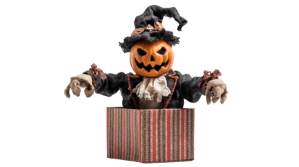 A spooky jack-o'-lantern pops out of a striped box ready to celebrate Halloween.