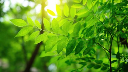 Obraz premium Vibrant green leaves with long narrow ovate structures, healthy and lively,
