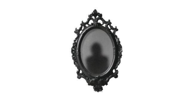An antique mirror reflects a mysterious silhouette in a dramatic, shadowy scene