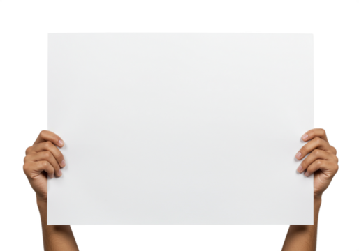 Hands Holding a Blank White Poster Board – Empty Sign for Custom Messages, Announcements, Advertising, Presentations, or Creative Design Concepts