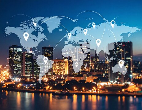 Global Logistics & Urban Connectivity: World Map with Location Pins - Powered by Adobe
