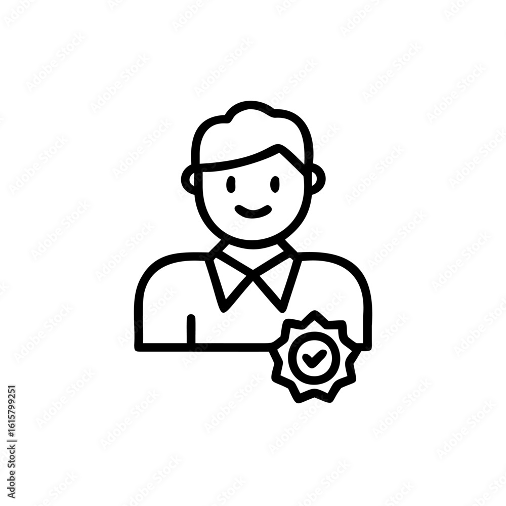 Poster outline icon a smiling person with a checkmark badge smile