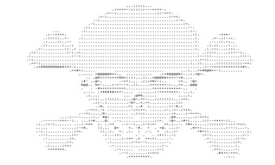 Skull or human skeleton dead head text ASCII art original version. Code, programming, computer virus or hacking concept. Vector illustration.