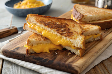 a golden grilled cheese sandwich cut diagonally, with gooey melted cheddar oozing between crispy slices of toasted bread, placed on a rustic wooden board with natural light highlighting the textures
