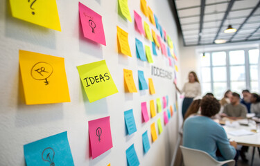 Creative team brainstorming session with colorful sticky notes filled with ideas on wall, symbolizing collaboration, innovation, and group planning.