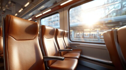 Bright sunlight streams through a large window, highlighting the sleek, brown train seats that await commuters during the busy morning hours in an urban transport system