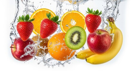 Assorted fruits including strawberries oranges apples kiwi and bananas with water splashing on white