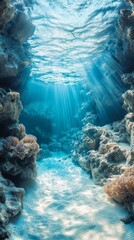 Underwater Scene with Sun Rays and Coral Reef