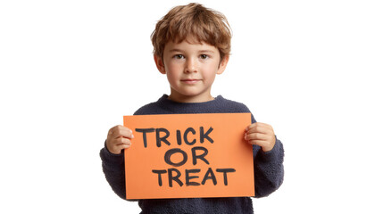 A cute boy happily displays a 'Trick or Treat' sign for Halloween.