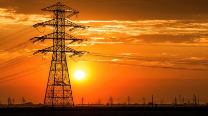 Fototapeta premium Silhouette of power lines at sunset