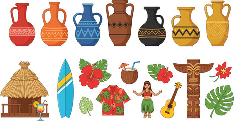 Hawaiian culture icons, colorful tropical design, tiki statue, hula dancer, hibiscus flower, coconut drink, vacation theme, traditional illustration