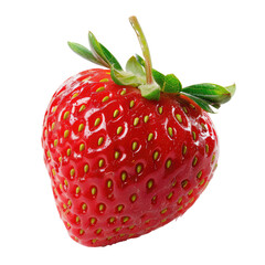 Close-up of a single, vibrant red strawberry.  The strawberry is whole, displaying its characteristic bumpy texture and deep crimson color.  