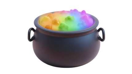 A rainbow-colored cauldron of magic and fantasy on a dark background.