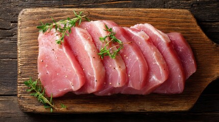 Fresh pork loin is neatly sliced and arranged on a rustic wooden cutting board. Sprigs of thyme add a vibrant touch. This setting suggests preparation for a delicious meal