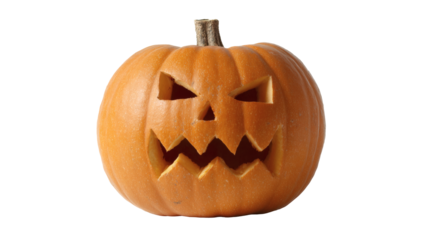 This carved pumpkin features a spooky face, perfect for Halloween!