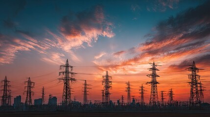 Fototapeta premium Silhouetted power lines at sunset