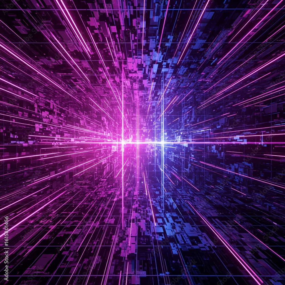 Aufkleber digital network grid with glowing light beams - abstract technology background