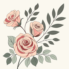classic hand-painted floral illustration with pink roses and gray-green leaves