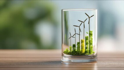 glass chart rising with windmill icon, representing growth in green sector - Powered by Adobe