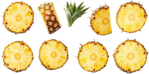 Pineapple slices and leaves arrangement on transparent png background