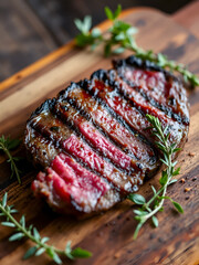Gegrilltes Wagyu Bavette Steak vom Rind mit Rotwein Salz angeboten als close-up auf einem verkohlten Holz Board