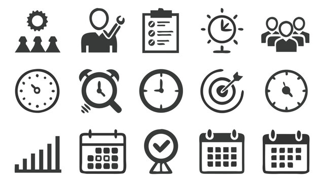 Business and Project Management Icons Set Depicting Planning Strategies and Timelines for Effective Teamwork