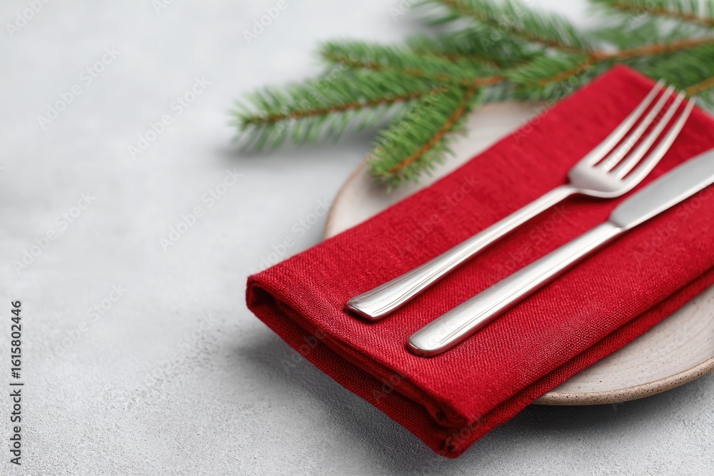 Poster top view of minimalist table setting with red napkin silver cutlery and fir twig copy space left