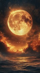 Dramatic Full Moon Over Ocean Waves at Night