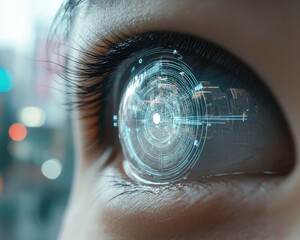 A woman ' s eye with a futuristic interface in the pupil